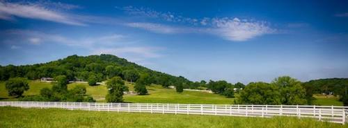 A scenic landscape featuring rolling green hills, a white fence, and a clear blue sky with scattered clouds.