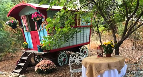 A colorful, vintage caravan surrounded by greenery, with a small table adorned with flowers nearby.