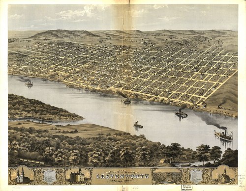 Aerial view map of Leavenworth, Kansas, featuring the Missouri River and surrounding hills, with labeled streets and landmarks.