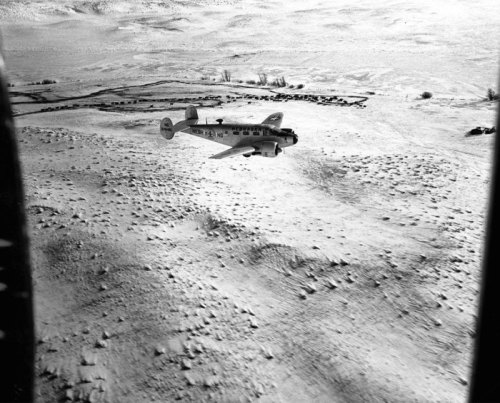 A vintage airplane flying over a snowy landscape with sparse vegetation and a distant line of trees.