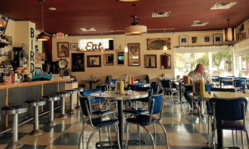 A retro diner with blue chairs, round tables, and a counter, featuring vintage decor and a lone customer.