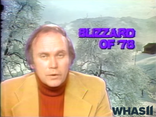 A news anchor reports on the Blizzard of '78, with snowy trees and a house in the background.