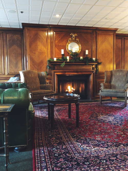 Cozy lounge with two armchairs, a fireplace, and a decorative mirror, surrounded by wooden paneling and a patterned rug.