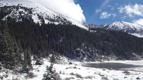Snow-covered mountains with evergreen trees and a serene lake under a bright blue sky with scattered clouds.
