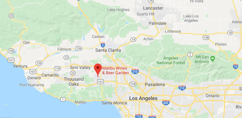 Map showing the location of Malibu Wines & Beer Garden near Santa Clarita and Malibu, California.