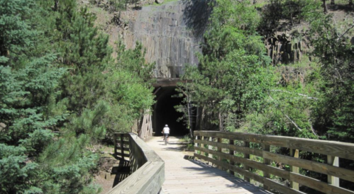 A person walks on a wooden bridge leading to a dark tunnel surrounded by lush greenery and rocky cliffs.