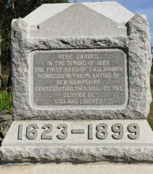 Stone monument commemorating the first English pioneers in New Hampshire, dedicated to God and liberty, 1623-1899.