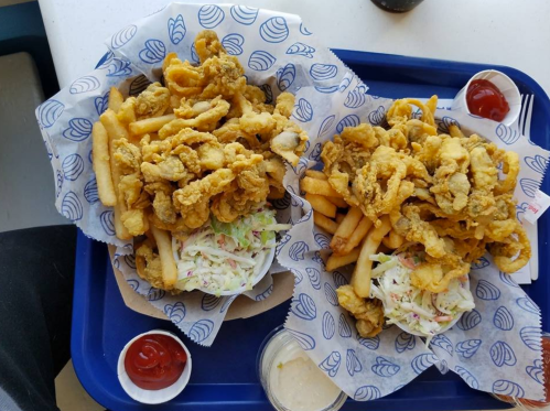 Two trays of fried seafood and fries, served with coleslaw and dipping sauces, on a blue tray.