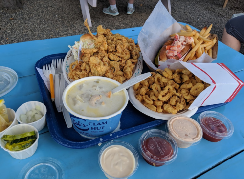 A blue tray with fried seafood, clam chowder, fries, and various dipping sauces on a picnic table.