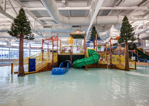 Indoor water park featuring a play structure with slides, surrounded by shallow water and decorative trees.