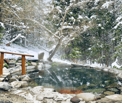 A serene hot spring surrounded by snow-covered trees and rocks, with steam rising gently in a tranquil winter setting.