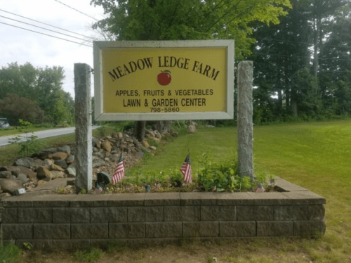 Sign for Meadow Ledge Farm, advertising apples, fruits, vegetables, and a lawn & garden center, with small flags nearby.