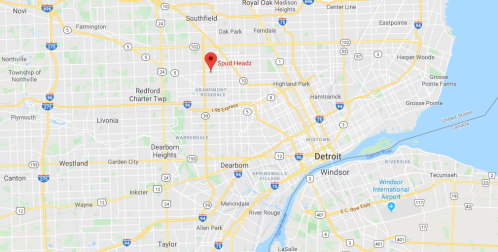 Map showing the location of Spud Headz in Detroit, Michigan, with nearby cities and landmarks.