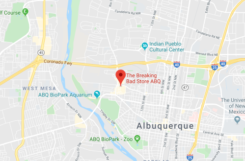 Map of Albuquerque highlighting the location of The Breaking Bad Store ABQ, near the BioPark and cultural center.