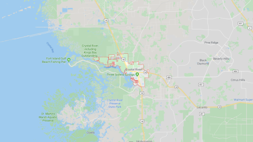 Map of Crystal River, Florida, highlighting the city boundaries and nearby natural features.