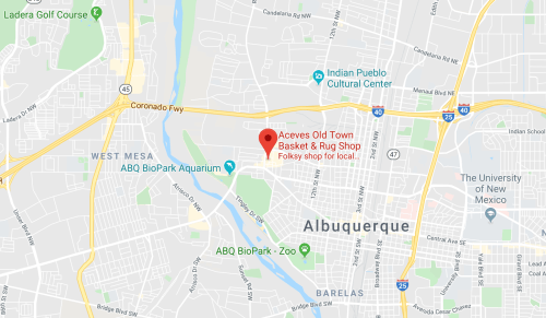 Map of Albuquerque highlighting Aceves Old Town Basket & Rug Shop, a local folk art store.