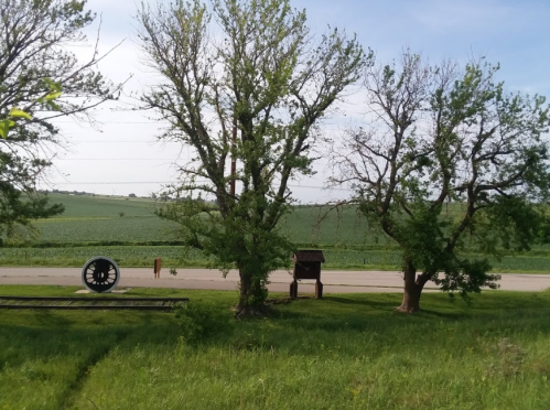 A rural scene featuring green fields, two trees, and a vintage wagon wheel near a road.