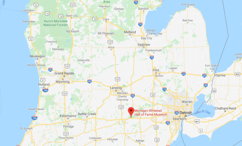 Map of Michigan highlighting the location of the Michigan Whitetail Hall of Fame Museum.