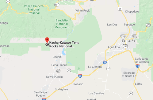 Map showing Kasha-Katuwe Tent Rocks National Monument near Santa Fe, New Mexico, with surrounding landmarks and roads.