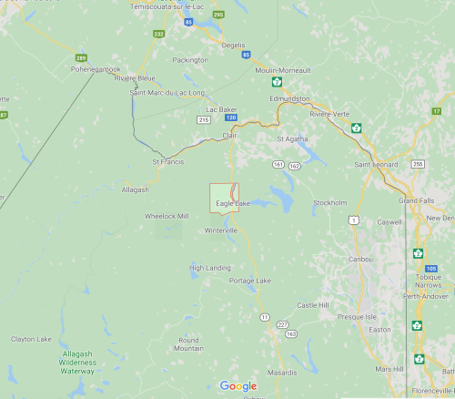 Map showing the area around Eagle Lake, including nearby towns and waterways in northern Maine.