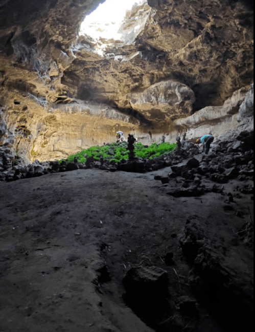 A cave interior with a bright opening above, featuring rocky terrain and green plants, with two people exploring.