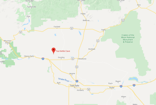 Map showing the location of Tea Kettle Cave near Gooding, Idaho, with nearby highways and landmarks.