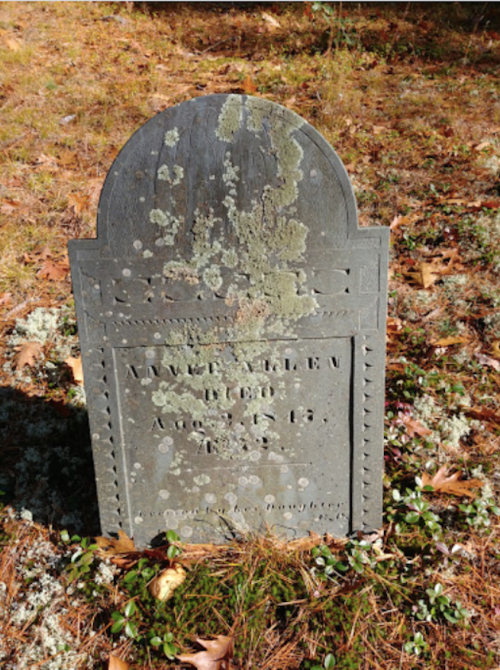 Weathered gravestone covered in moss, with the inscription partially visible, surrounded by fallen leaves and grass.