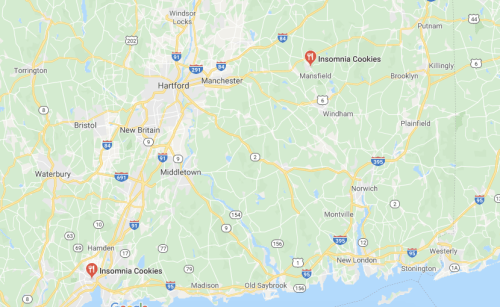 Map showing locations of Insomnia Cookies in Connecticut, near Hartford and Mansfield.