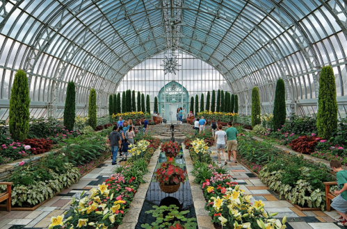 A vibrant greenhouse filled with colorful flowers, plants, and visitors exploring the lush interior.
