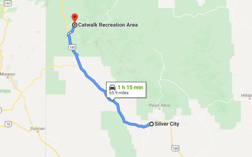 Map showing route from Silver City to Catwalk Recreation Area, approximately 65.9 miles, taking about 1 hour and 15 minutes.
