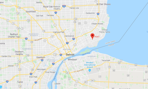 Map showing Detroit, Michigan, with a red marker indicating a specific location labeled "POST."