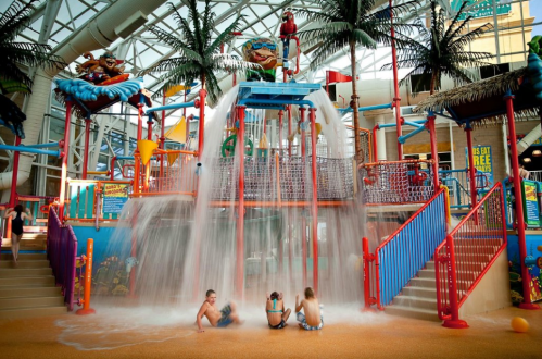 Children playing in a colorful indoor water park with slides and a large water feature. Palm trees in the background.