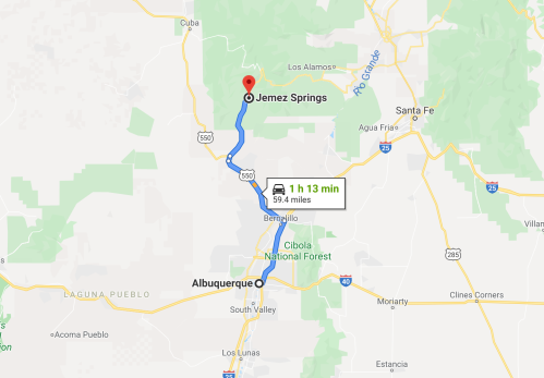 Map showing the route from Albuquerque to Jemez Springs, indicating a travel time of 1 hour and 13 minutes over 59.4 miles.