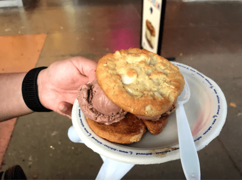 A hand holding a plate with a cookie sandwich filled with chocolate ice cream and topped with a second cookie.
