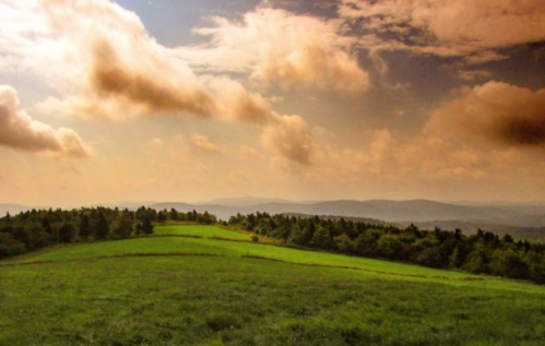 A serene landscape featuring rolling green hills under a cloudy sky, with distant mountains in the background.