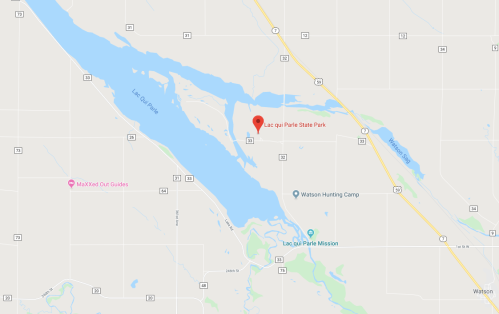 Map showing Lac qui Parle State Park, nearby lakes, and local landmarks in the surrounding area.