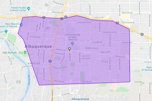 Map of Albuquerque highlighting the University of New Mexico and Nob Hill area with a purple overlay.