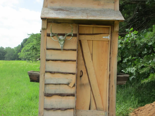 A rustic wooden structure with a door, featuring a deer skull mounted above it, set in a grassy field.