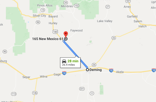 Map showing directions from Deming to 165 New Mexico 61, with a travel time of 28 minutes over 26.4 miles.