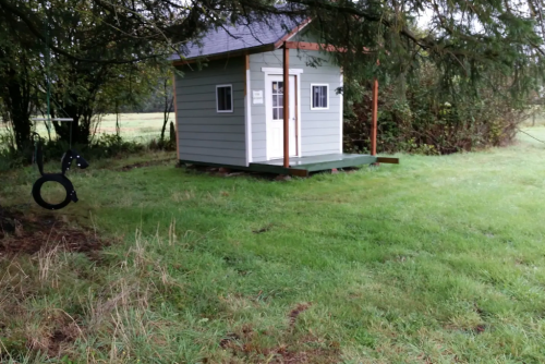 A small, gray shed with a porch sits on a grassy area surrounded by trees. A tire swing hangs nearby.