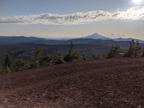 A panoramic view of mountains under a clear sky, with a distant peak and scattered trees in the foreground.