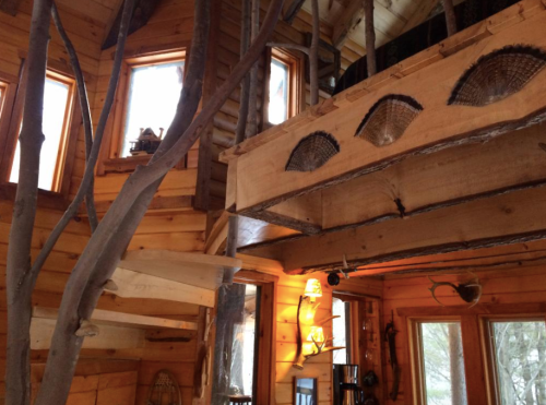 Cozy wooden interior of a treehouse with large windows, wooden beams, and natural elements like tree branches.