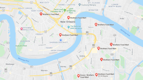 Map of New Orleans highlighting locations of Brothers Food Mart and nearby landmarks.