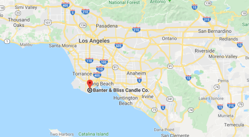 Map showing Los Angeles area with a marker for Banter & Bliss Candle Co. in Long Beach.