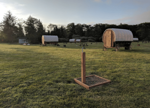 A grassy field with wooden wagons in the background and a water spigot in the foreground under a clear sky.
