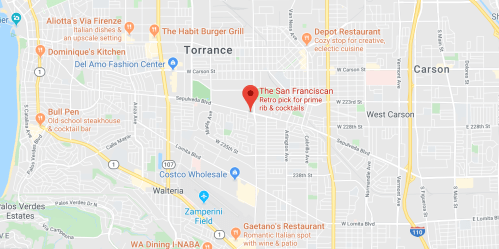 Map showing the location of "The San Franciscan" restaurant in Torrance, California, near other dining options.
