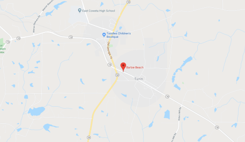 Map showing the location of Barbie Beach in Turin, near East Coweta High School and Toodles Children's Boutique.