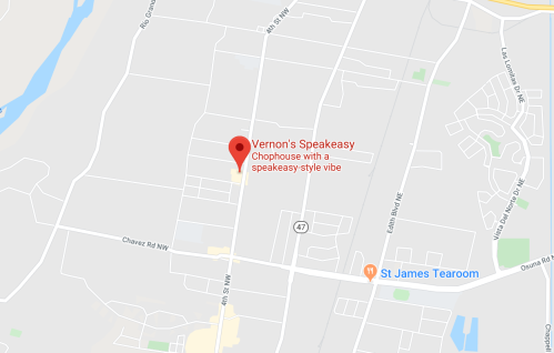 Map showing the location of Vernon's Speakeasy, a chophouse with a speakeasy-style vibe.