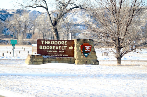 Sign for Theodore Roosevelt National Park, surrounded by snow and trees, with a clear blue sky in the background.