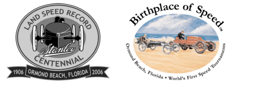 Logo for Land Speed Record Centennial 1906-2006, and "Birthplace of Speed" emblem featuring vintage racing cars.